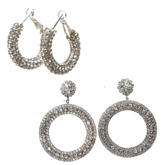 Glam Statement Rhinestone Hoop Earrings| Set of 2 | Party NYE Holidays Glitter - Picture 1 of 9